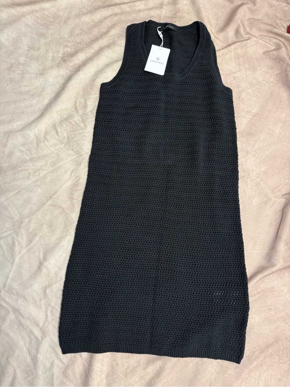 ANINE BING Arie Dress XS Black Open Knit Sleeveless Midi Dress NWT